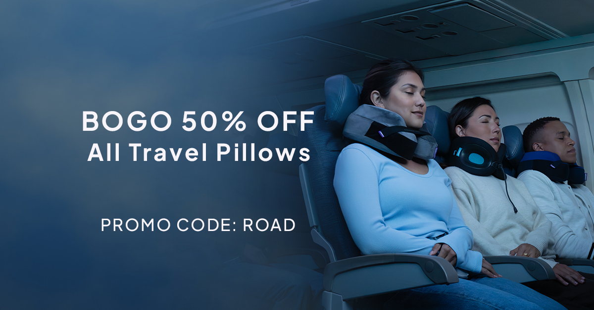 People sleeping on an airplane with travel pillows, promotional text for BOGO 50% off travel pillows.