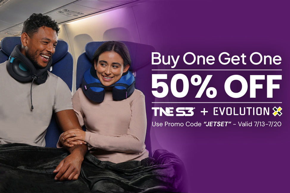 Promotional advertisement showing two people sitting in airplane seats wearing blue and black neck pillows, with large purple text reading 'Buy One Get One 50% OFF' and smaller text 'TNS3 + EVOLUTION X' and promo code details.