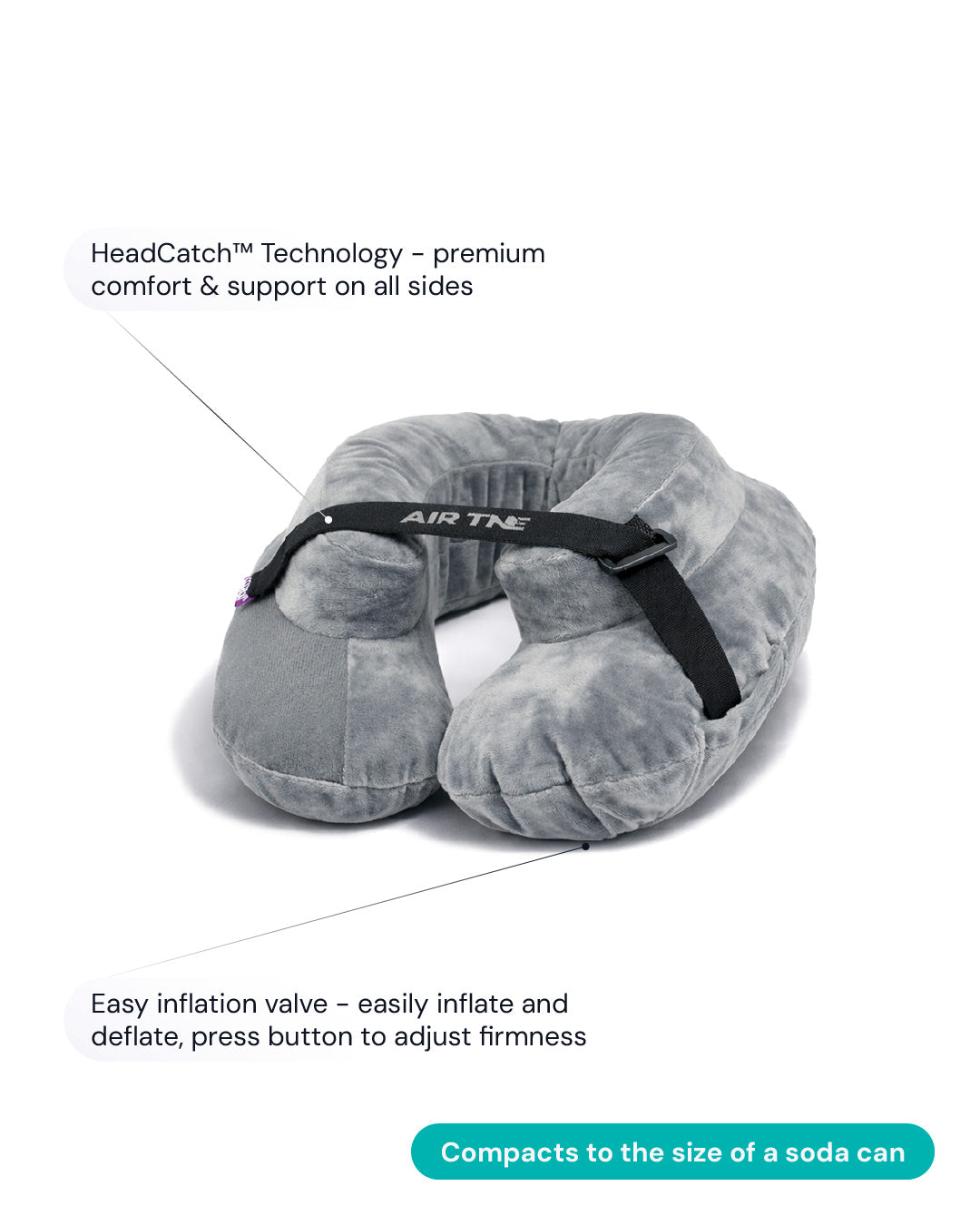 Shows a diagram of the Air TNE inflatable travel pillow. Points to key features.