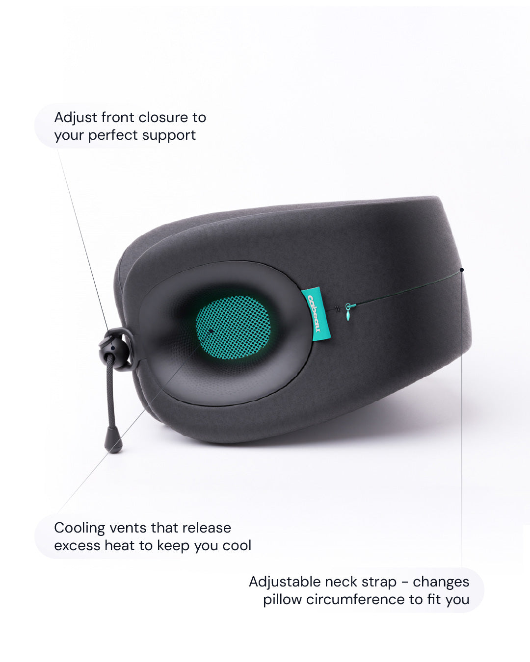Shows a diagram of the Evolution X neck pillow. Points to key features.