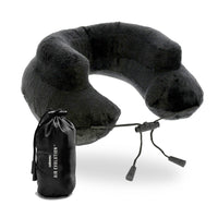 Black air evolution neck pillow with black toggles and black drawstring carrying case