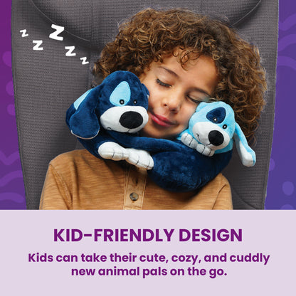 Evolution Kids Neck Pillow - child wearing puppies pillow on plane seat