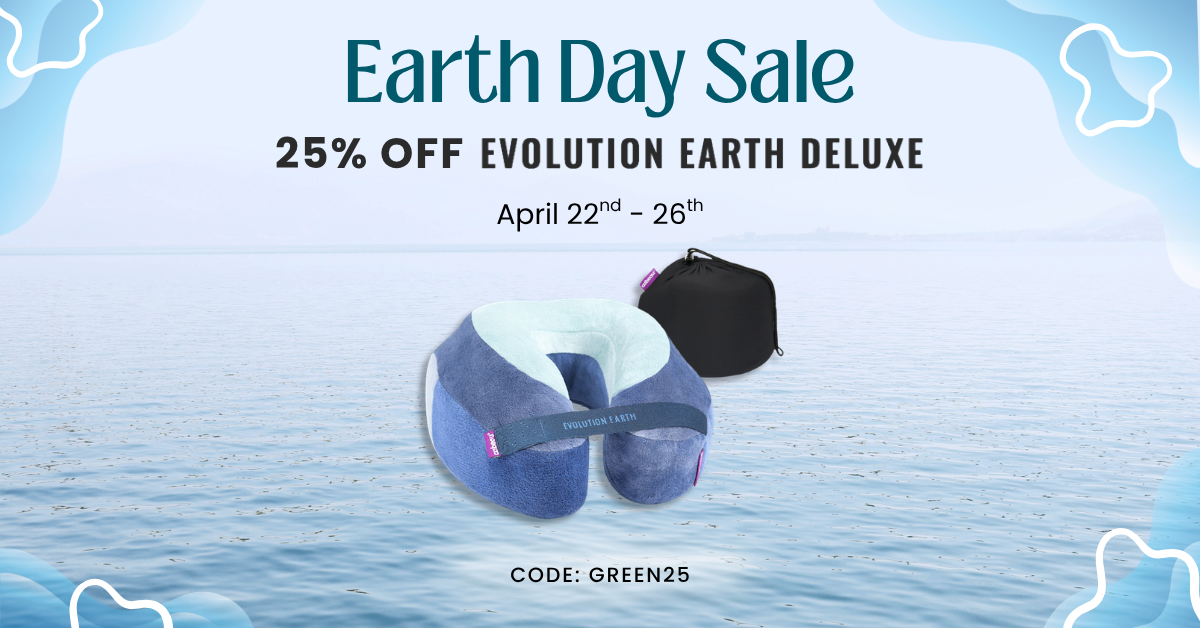 Promotional banner for Earth Day Sale with a neck pillow and carrying case on a blue background.