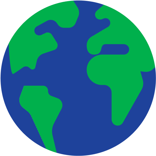 A stylized circular globe icon showing green landmasses and blue oceans on a white background.