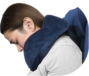 Woman uncomfortable in a competitor generic travel pillow