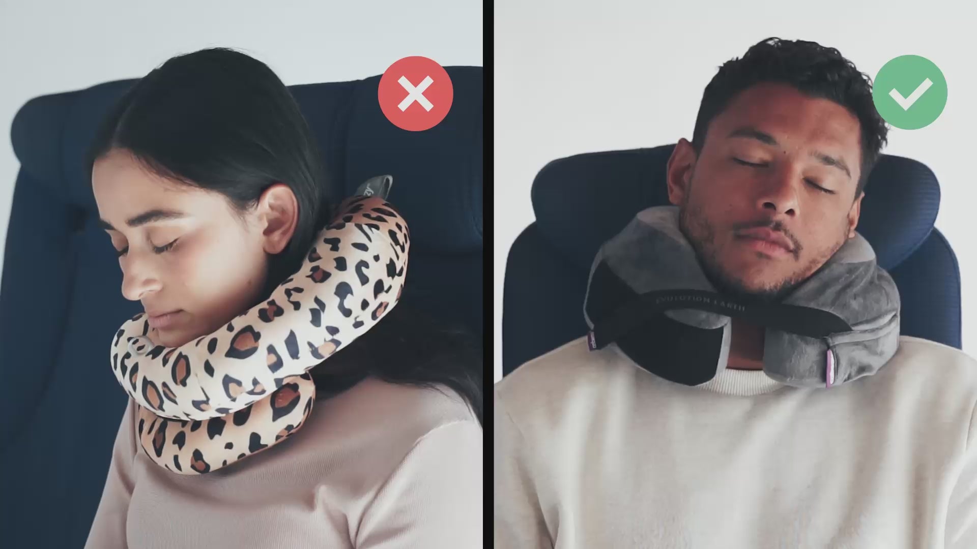 Video laden: Cabeau's sustainable Evolution Earth Deluxe pillow showing a passenger comfortably in an airplane seat,  in contrast to competitor pillows with lack of support