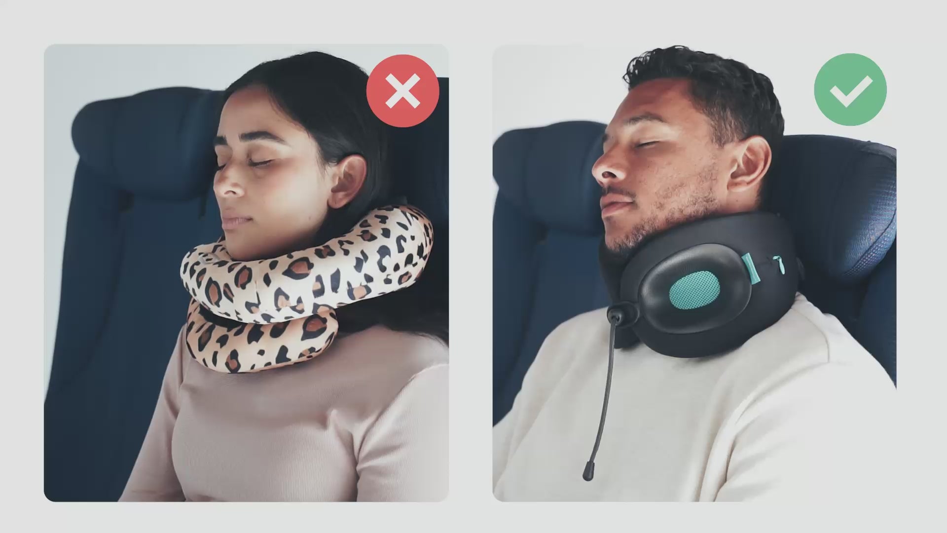 Load video: Showcasing comfortable Cabeau neck pillows vs uncomfortable competitor neck pillows 