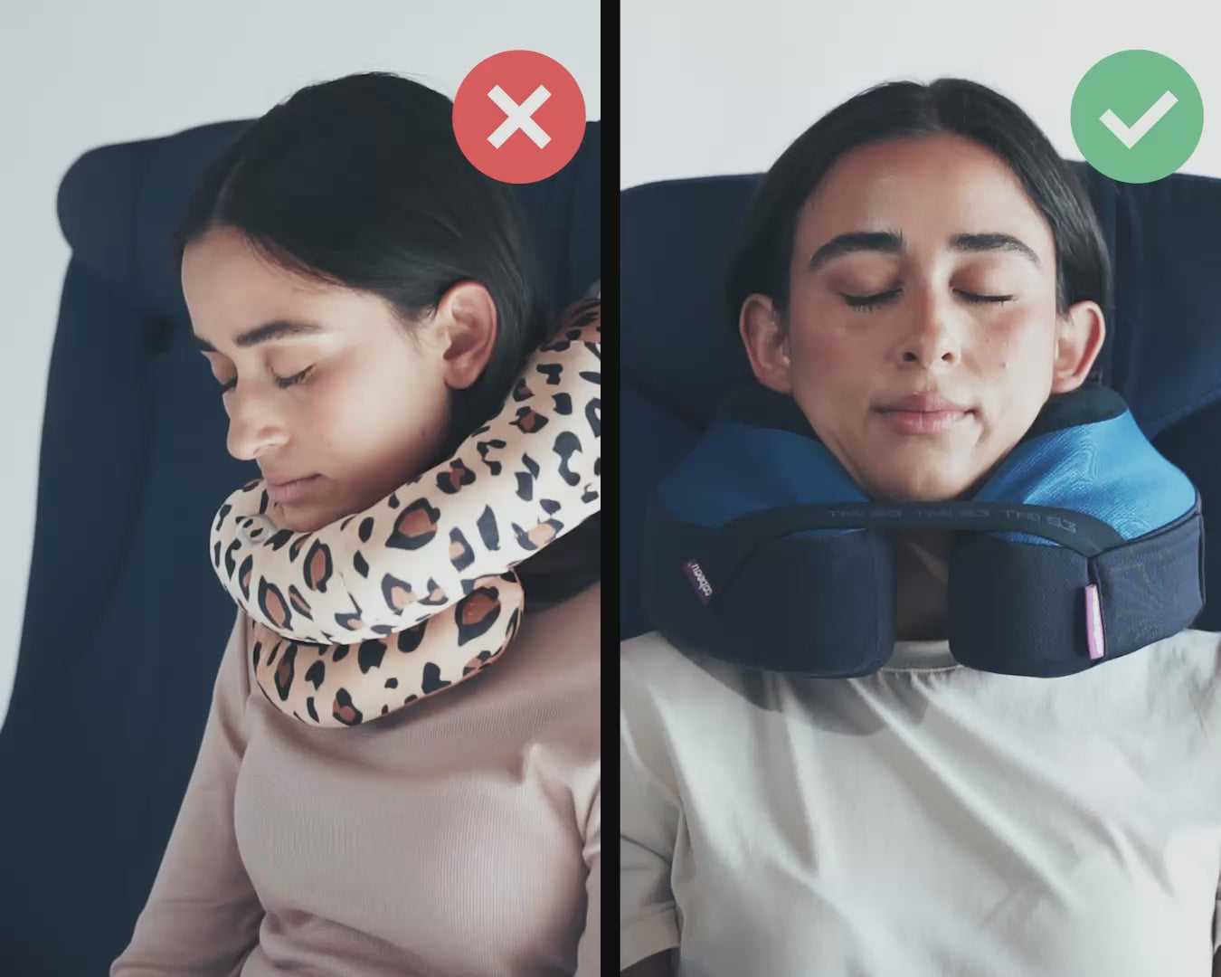 Video laden: Cabeau's TNE S3 pillow showing a passenger comfortably in an airplane seat,  in contrast to competitor pillows with lack of support