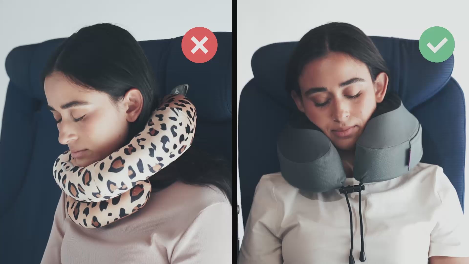 Video laden: Cabeau's Evolution S3 neck pillow showing a passenger comfortably in an airplane seat,  in contrast to competitor pillows with lack of support