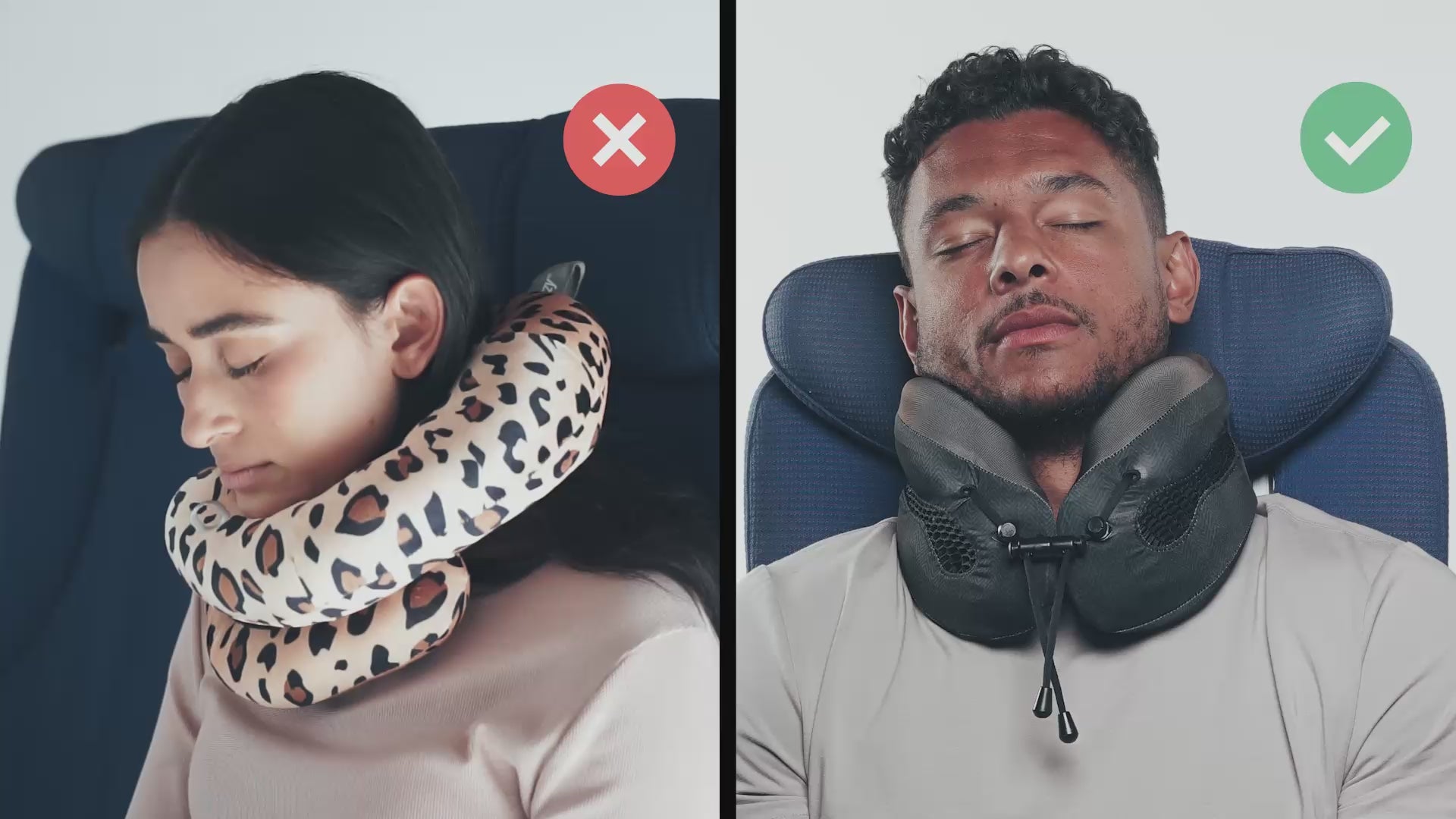 Video laden: Cabeau's Evolution Cool neck pillow showing a passenger comfortably in an airplane seat,  in contrast to competitor pillows with lack of support
