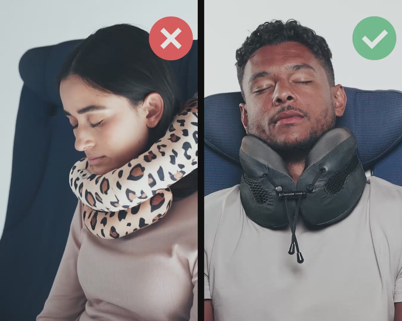 Video laden: Cabeau's Evolution Cool neck pillow showing a passenger comfortably in an airplane seat,  in contrast to competitor pillows with lack of support
