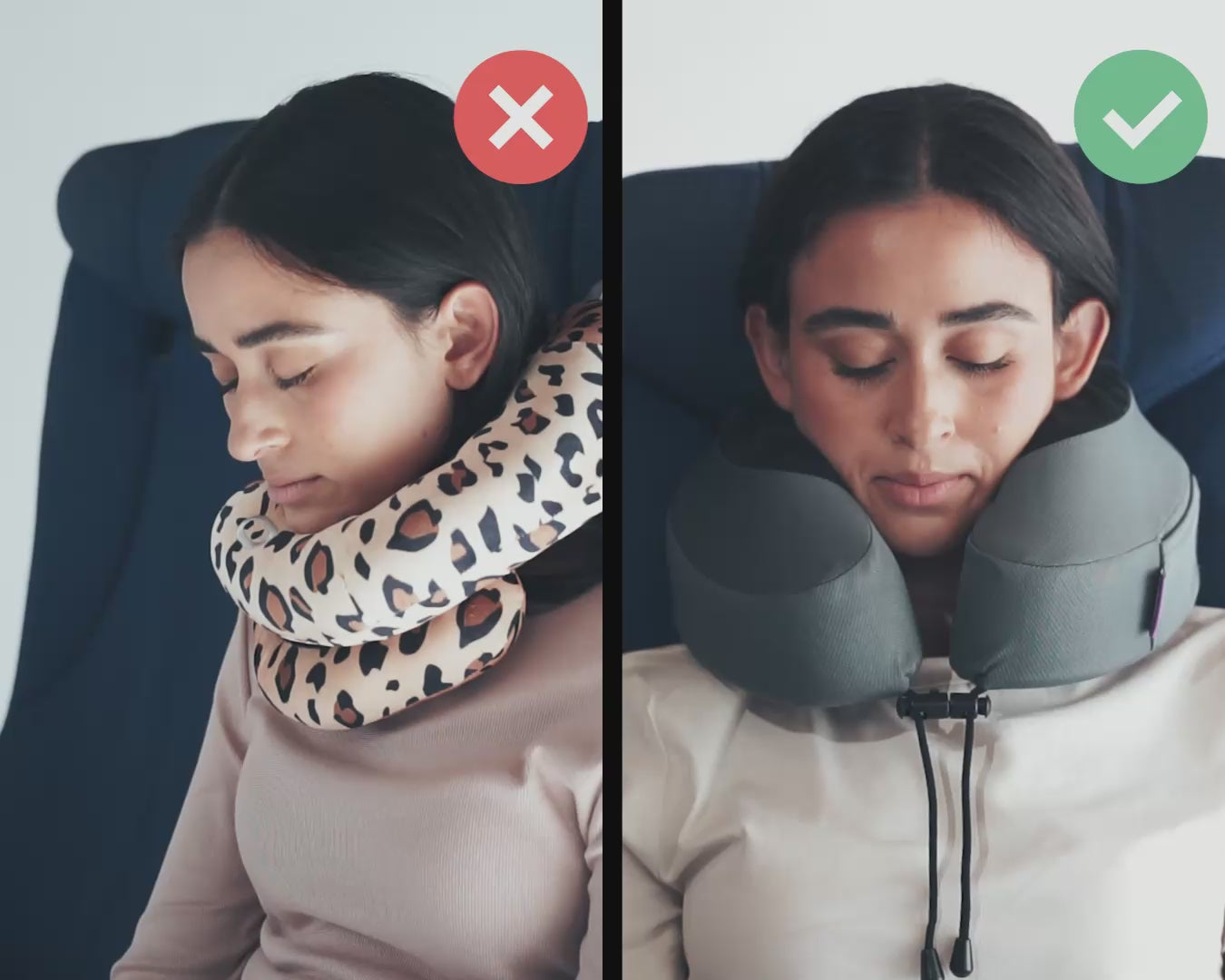 Video laden: Cabeau's Evolution S3 neck pillow showing a passenger comfortably in an airplane seat,  in contrast to competitor pillows with lack of support