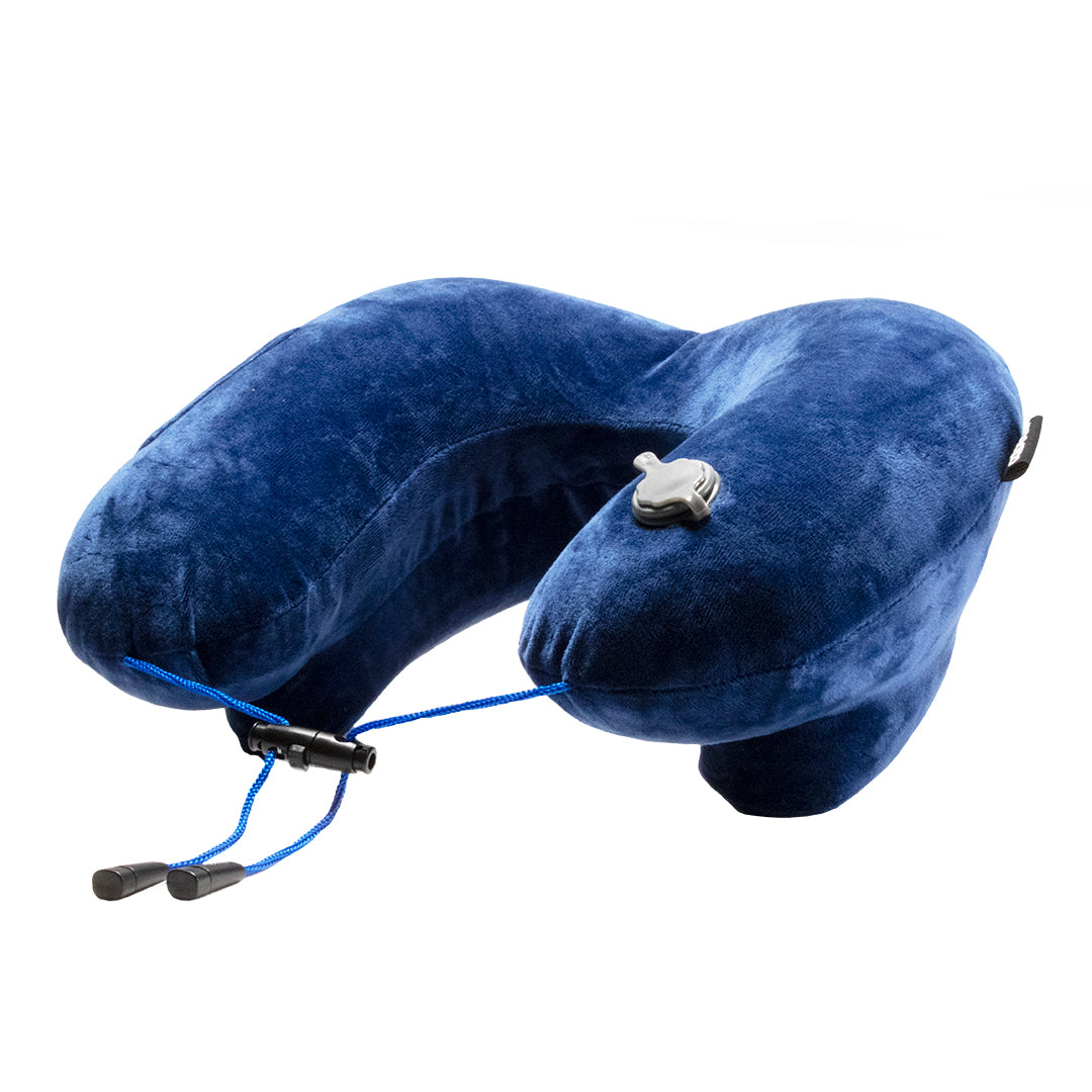 Royal Blue air evolution neck pillow upside down showing inflation valve 