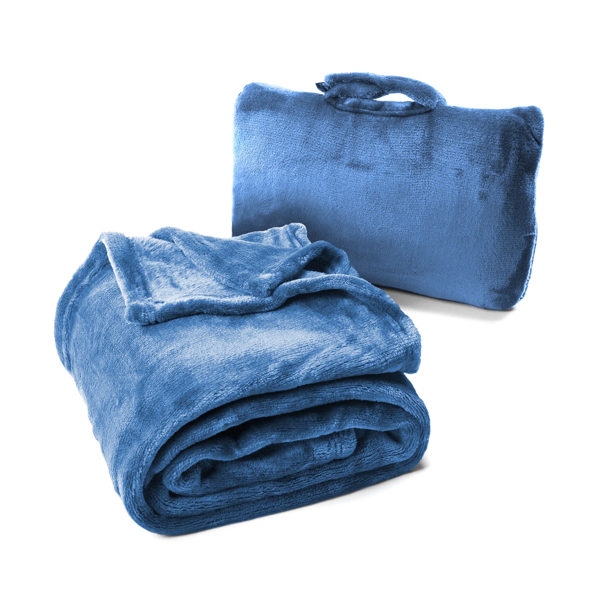 Blue fold and go travel blanket 
